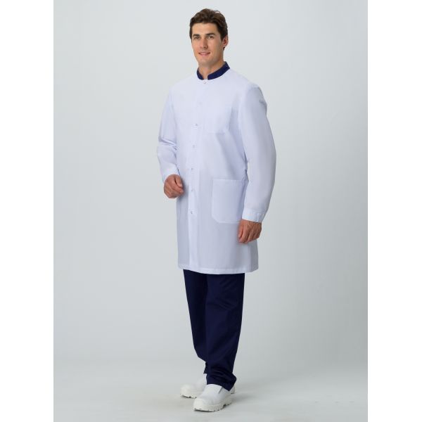 Халат мужской Симпл-001, ткань Смесовая, 120 г/м2, MedLine, цвет белый, цвет тёмно-синий