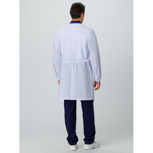 Халат мужской Симпл-001, ткань Смесовая, 120 г/м2, MedLine, цвет белый, цвет тёмно-синий