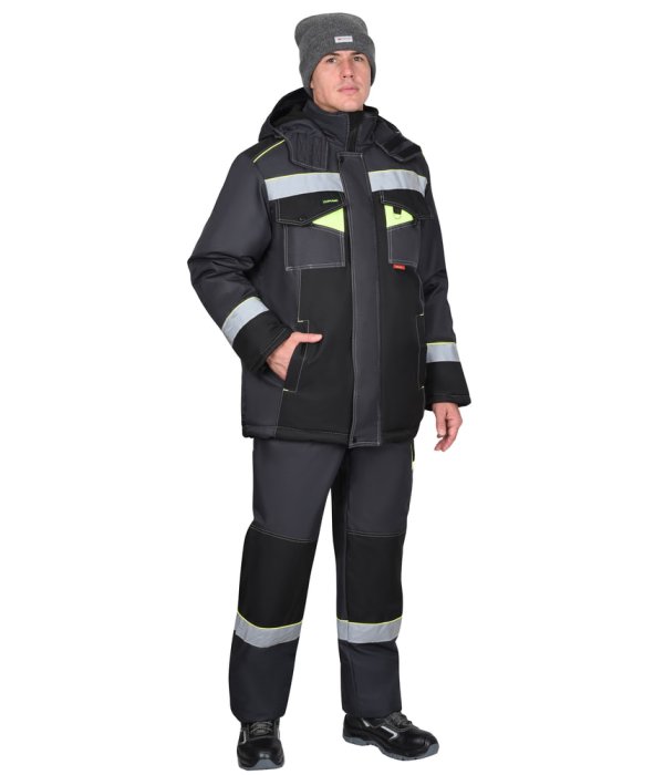 Костюм СИРИУС-ХОВАРД-М зимний, куртка длинная, брюки, темно-серый с черным, лимонной отделкой и СОП
