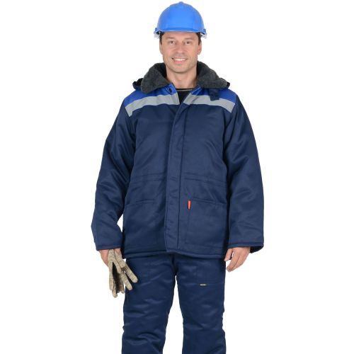 Куртка мужская зимняя рабочая "Сириус-Бригадир" с меховым воротником, синяя с васильковым и СОП