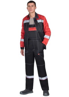 Костюм СИРИУС-ЛИГОР-2 куртка короткая, п/к, черный с красным и СОП, 245 г/м2, состав 80% ПЭ, 20% ХБ