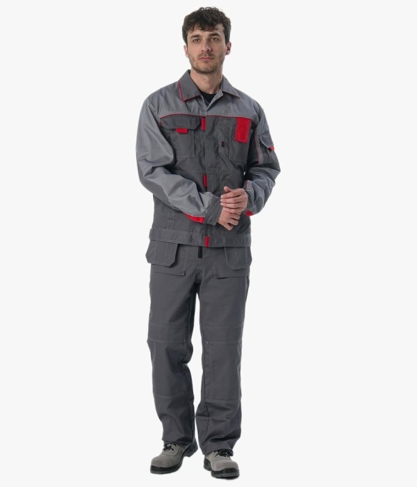 Костюм Союз-Профессионал-1 (тк. Балтекс, 240 гр/м2) брюки, тёмно-серый, светло-серый, красный
