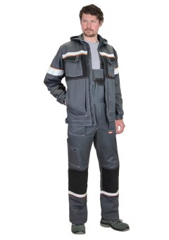 Костюм СИРИУС-РОДОС куртка, полукомбинезон, темно-серый с черным, 245 г/м2, 65% ПЭ, 35% ХБ