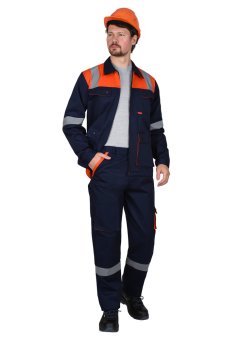 Костюм СИРИУС-БИЛДЕР куртка, брюки темно-синий с оранжевым, 245 г/м2, 80%ПЭ, 20%ХБ