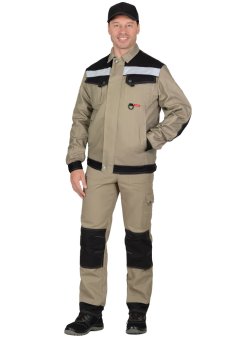 Куртка СИРИУС-ВЕСТ-ВОРК короткая, бежевая с черным и СОП, 280 г/м2, 65% ПЭ, 35% ХБ
