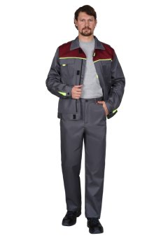 Костюм СИРИУС-ФАВОРИТ куртка, брюки серый с бордовым, 215 г/м2, 65%ПЭ, 35%ХБ