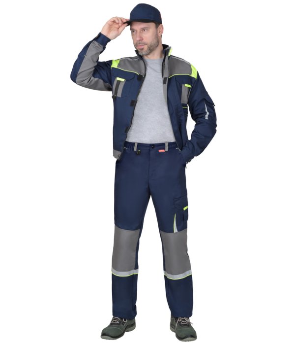 Костюм СИРИУС-СТАН куртка, брюки, синий со средне-серым и лимонной отделкой, 245 г/м2, 65%ПЭ, 35%ХБ