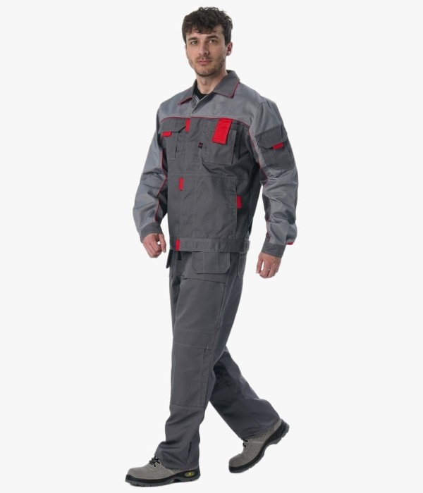 Костюм Союз-Профессионал-2 (тк. Балтекс, 240 гр/м2) полукомбинезон, тёмно-серый, светло-серый, красный