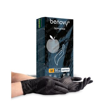 Перчатки одноразовые Бенови (Benovy) нитриловые чёрные, текстурированная поверхность на пальцах