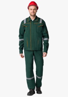 Костюм летний Респект (тк.Саржа,250) брюки, тёмно-зелёный, оранжевый