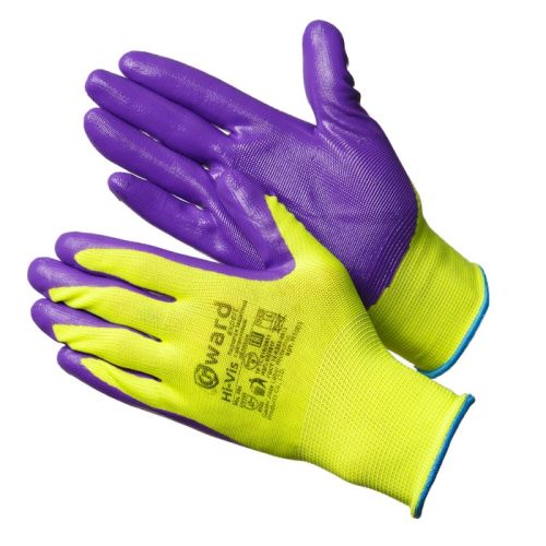 Gward Hi-Vis перчатки ярко-зелёные нейлоновые с фиолетовым нитриловым покрытием