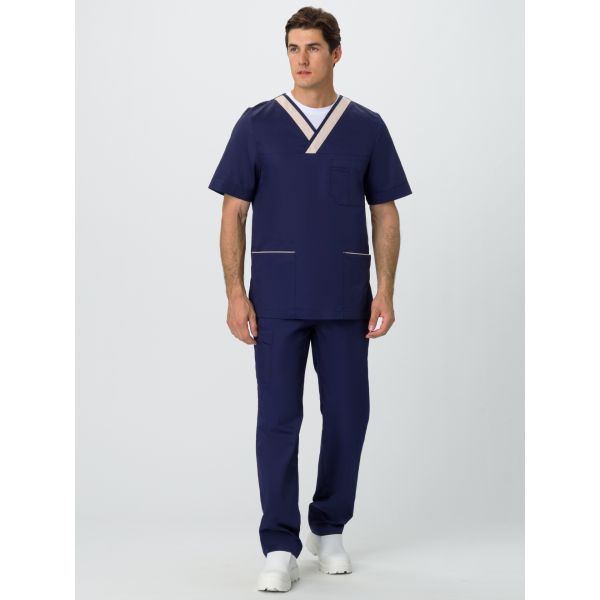 Костюм мужской Симпл-001, ткань Смесовая, 120 г/м2, MedLine, цвет тёмно-синий, бежевый