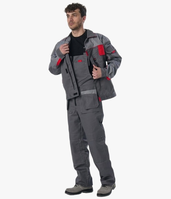 Костюм Союз-Профессионал-2 (тк. Балтекс, 240 гр/м2) полукомбинезон, тёмно-серый, светло-серый, красный