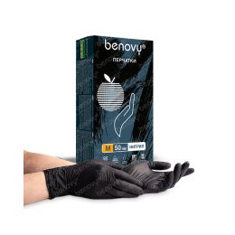 Перчатки одноразовые Benovy нитриловые черные текст. на пальцах (цена за 50 пар)
