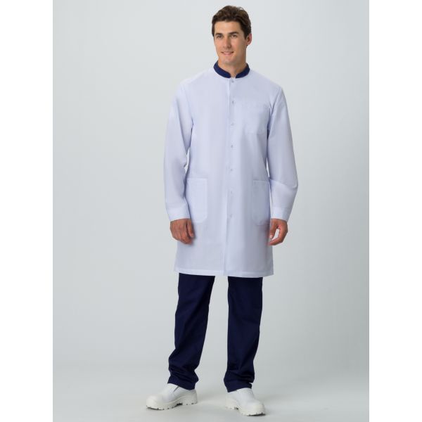 Халат мужской Симпл-001, ткань Смесовая, 120 г/м2, MedLine, цвет белый, цвет тёмно-синий