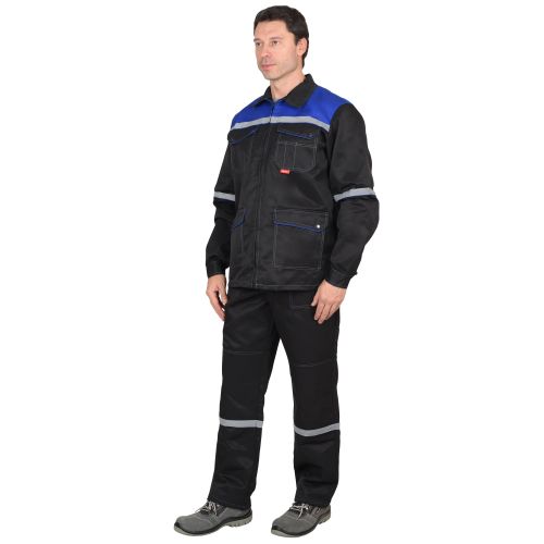 Костюм рабочий мужской летний "Сириус-Механик", куртка, брюки, цвет черный с васильковым и СОП