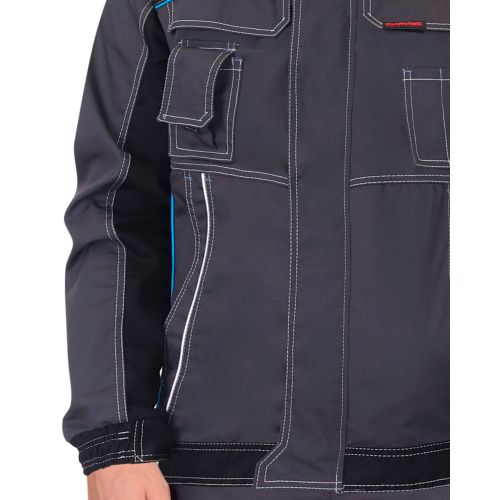Куртка мужская рабочая "Сириус-Престиж" с карманами, цвет тёмно-серый с чёрным и голубой отделкой
