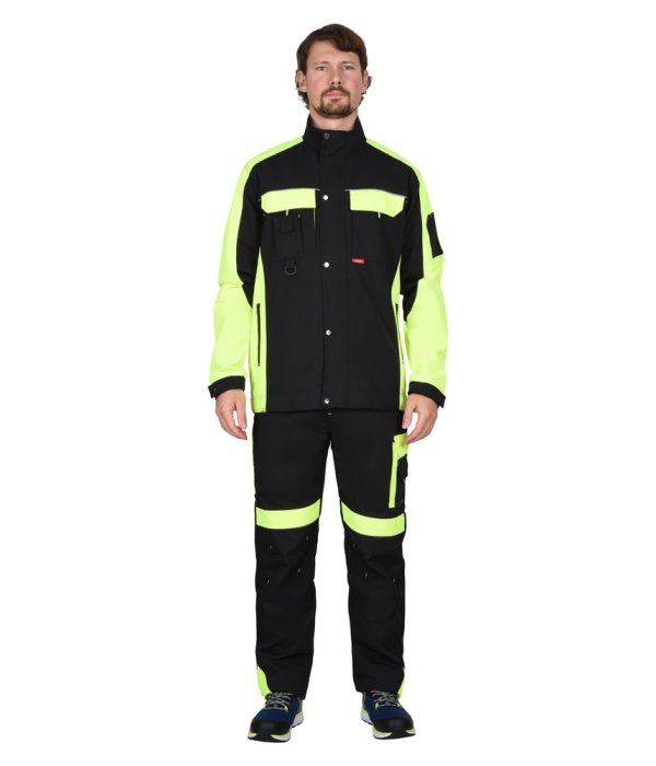 Костюм СИРИУС-ОНИКС куртка, брюки черный с лимонным, 255 г/м2, 65%ПЭ, 35%ХБ