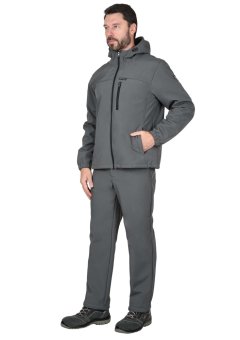 Куртка СИРИУС-АЗОВ с капюшоном серая, софтшелл, 350 г/м2