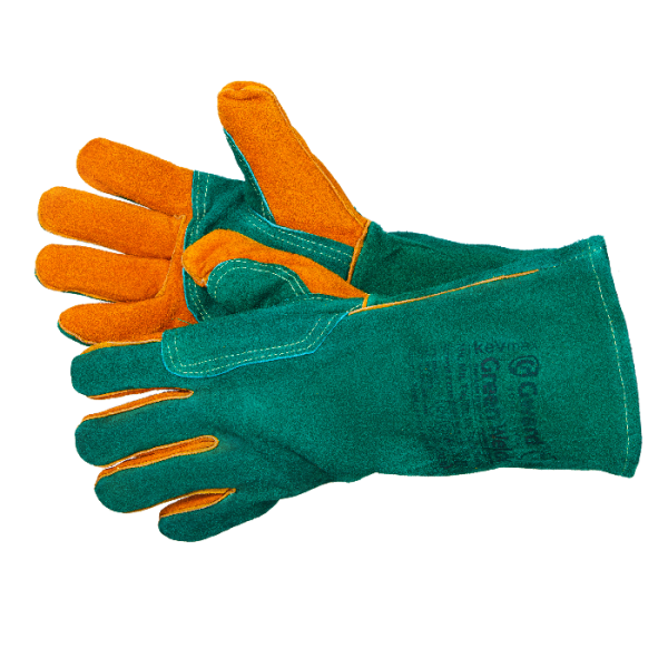 Green Welder Краги из спилка зелёного цвета с усилением, прошиты огнеупорной нитью