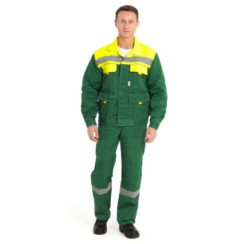Костюм рабочий мужской Рассо Нова, куртка, полукомбинезон, цвет зелёный с лимонным
