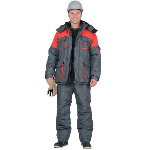 Костюм рабочий мужской зимний Сириус-Спутник, куртка длинная, брюки, цвет тёмно-серый с красным