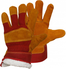 Перчатки спилковые комбинированные утепленные (искусственный мех) желтые с красным Перчатки спилковые комбинированные утепленные (искусственный мех) желтые с красным