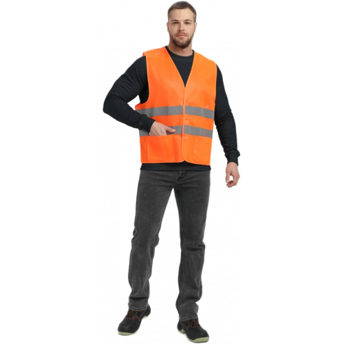 Жилет сигнальный ProfLineBase с пуговицами и карманами (тк.Полиэфир,100), оранжевый Жилет сигнальный ProfLineBase с пуговицами и карманами (тк.Полиэфир,100), оранжевый