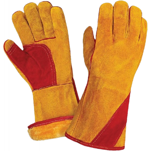 Краги спилковые утепленные (иск.мех) желтые с красным усилением нить Кевлар Краги спилковые утепленные (иск.мех) желтые с красным усилением нить Кевлар