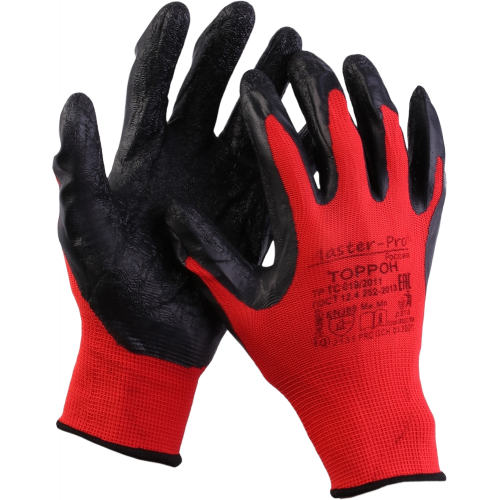 Перчатки нейлоновые с рельефным латексным покрытием, красно-черные Перчатки нейлоновые с рельефным латексным покрытием, красно-черные