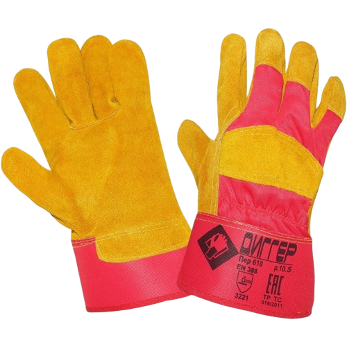 Перчатки спилковые комбинированные ДИГГЕР, желтый/красный, ПЕР610 Перчатки спилковые комбинированные ДИГГЕР, желтый/красный, ПЕР610