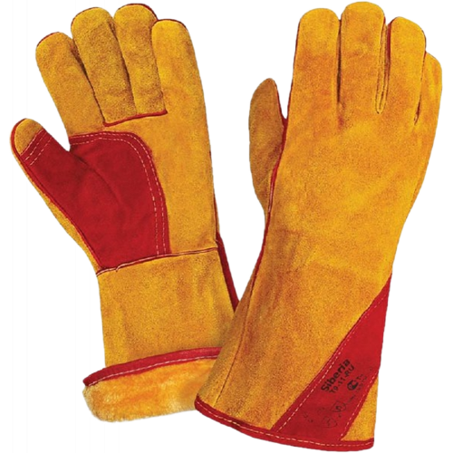 Краги спилковые утепленные (иск.мех) желтые с красным усилением нить Кевлар Краги спилковые утепленные (иск.мех) желтые с красным усилением нить Кевлар