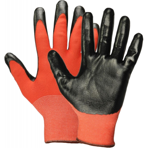 Перчатки нейлоновые с нитриловым покрытием, красно-черные Перчатки нейлоновые с нитриловым покрытием, красно-черные