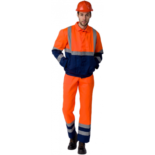 Костюм для дорожника с укороченной курткой (тк.Смесовая,210) п/к, оранжевый/т.синий Костюм для дорожника с укороченной курткой (тк.Смесовая,210) п/к, оранжевый/т.синий