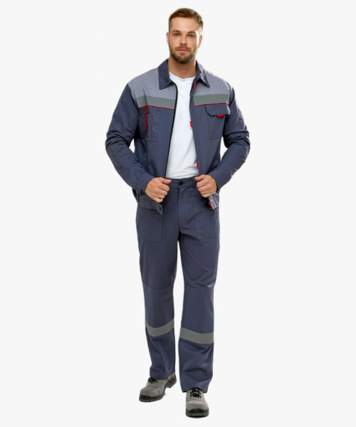 Костюм Флофт-1 СОП (тк.Саржа,250) брюки, т.серый/св.серый/красный