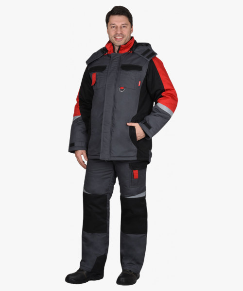 Костюм СИРИУС-ФАВОРИТ-МЕГА куртка, п/к, серый с черным и красным, СОП