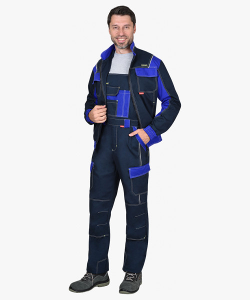 Костюм СИРИУС-КАРАТ-РОСС куртка, полукомбинезон темно-синий с васильковым, 80% х/б, пл. 260 г/кв.м