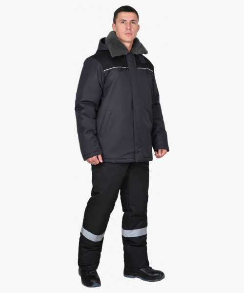 Куртка СИРИУС-МАСТЕР-М зимняя, муж. с мех. воротником и капюшоном, тёмно-серая с черым и СВ кантом