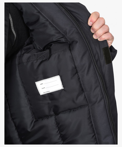 Куртка мужская зимняя СИРИУС-МАСТЕР-М, с флисовым воротником и капюшоном, тёмно-серая с чёрным и СВ кантом