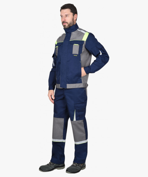 Костюм СИРИУС-СТАН куртка кор., п/к синий со ср.серым и лимонным