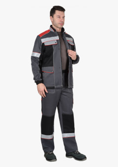 Костюм СИРИУС-ПОЛИНОМ куртка и брюки, т.серый с черным со св.серым и красным, СОП