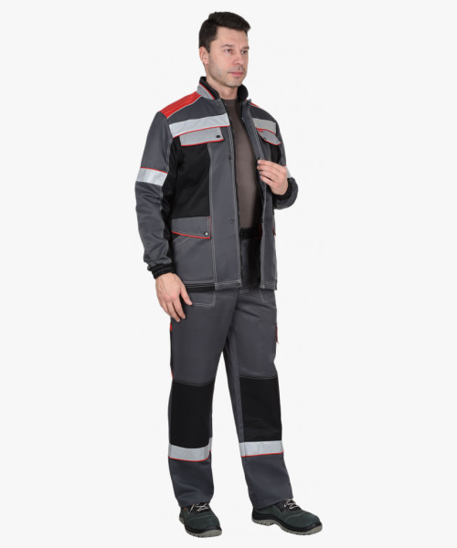 Костюм СИРИУС-ПОЛИНОМ куртка и брюки, т.серый с черным со св.серым и красным, СОП