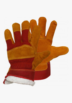 Перчатки спилковые комбинированные утепленные (искусственный мех) желтые с красным