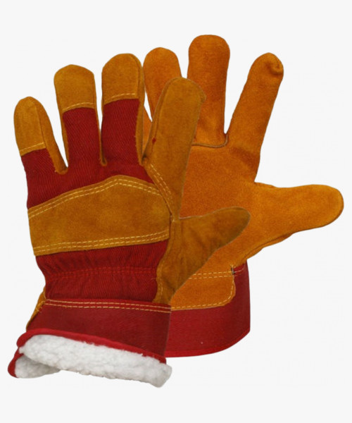 Перчатки спилковые комбинированные утепленные (искусственный мех) желтые с красным