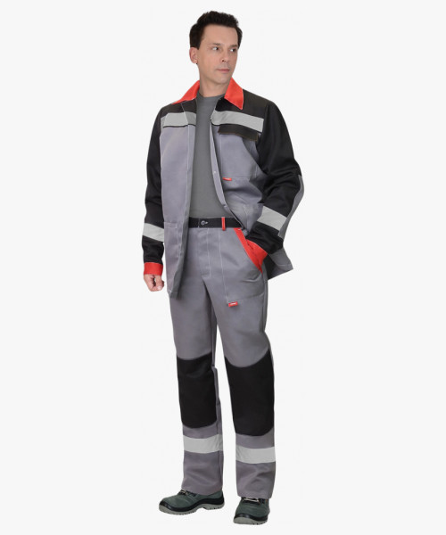 Костюм СИРИУС-ПРОФИЛЬ куртка, брюки ср.серый с черным с красной отделкой и СОП