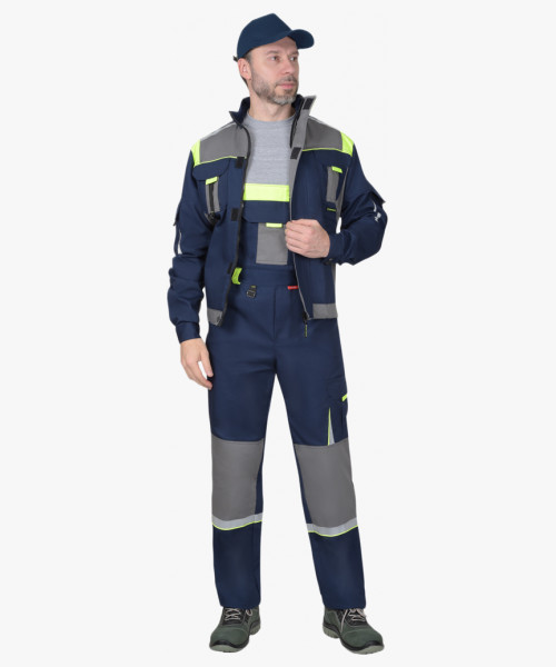 Костюм СИРИУС-СТАН куртка, п/к, синий со средне-серым и лимонной отделкой