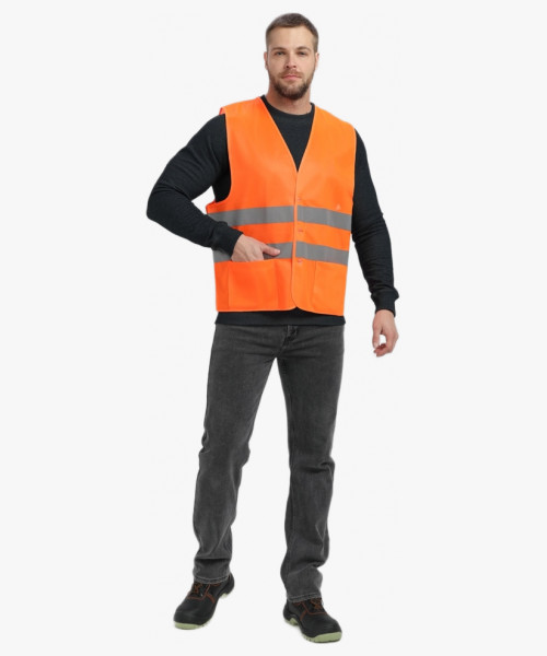 Жилет сигнальный ProfLineBase с пуговицами и карманами (тк.Полиэфир,100), оранжевый