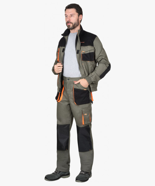 Костюм СИРИУС-МАНХЕТТЕН куртка. брюки оливковый с оранжевым и чер. тк. мех. стрейч пл 260 г/кв.м