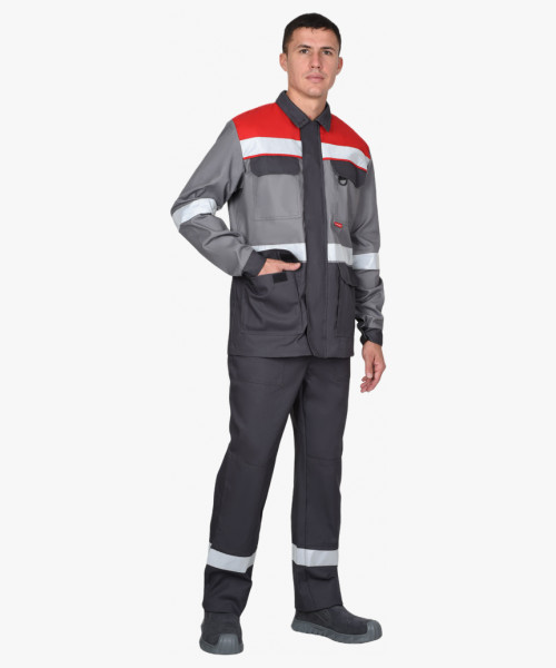 Костюм СИРИУС-ПАРИТЕТ куртка удлиненная, брюки, темно-серый со средне-серым, красным и СОП