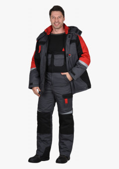 Костюм СИРИУС-ФАВОРИТ-МЕГА куртка, п/к, серый с черным и красным, СОП